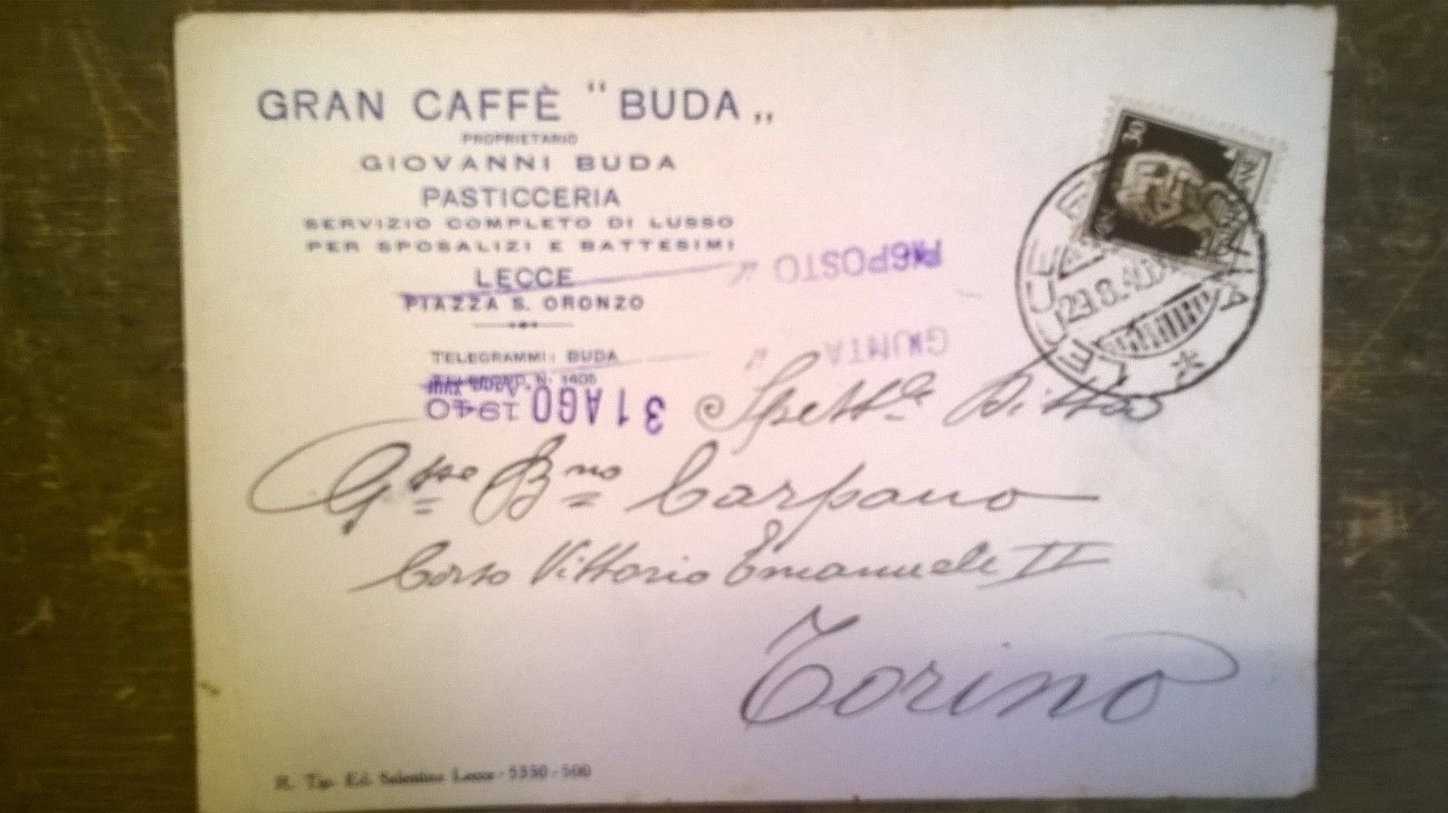cartolina-pubblicitaria-viaggiata-gran-caffe-buda-lecce-1940